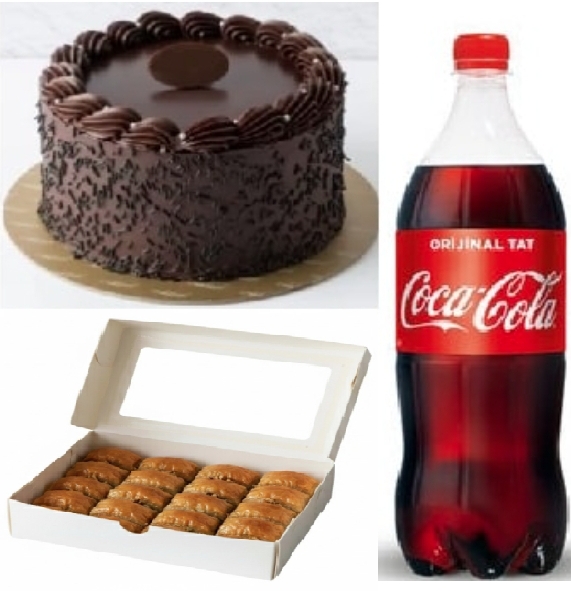 2-3 Kişilik Çikolatalı Yaş Pasta (1 Adet), 1 kg Cevizli Baklava (1 Adet), 1 Litre Kola (1 Adet) Karaman pasta siparişi