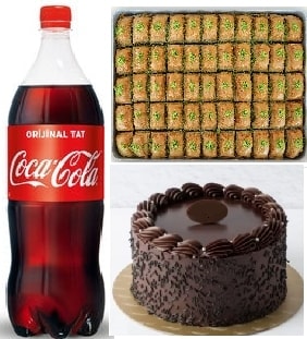 Akşam Keyfi Paketi Yaş Pasta Fıstıklı Baklava ve Litrelik Cola Karaman pasta siparişi
