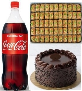 Akşam Keyfi Paketi Yaş Pasta Fıstıklı Baklava ve Litrelik Cola Karaman pasta sipariÅŸi